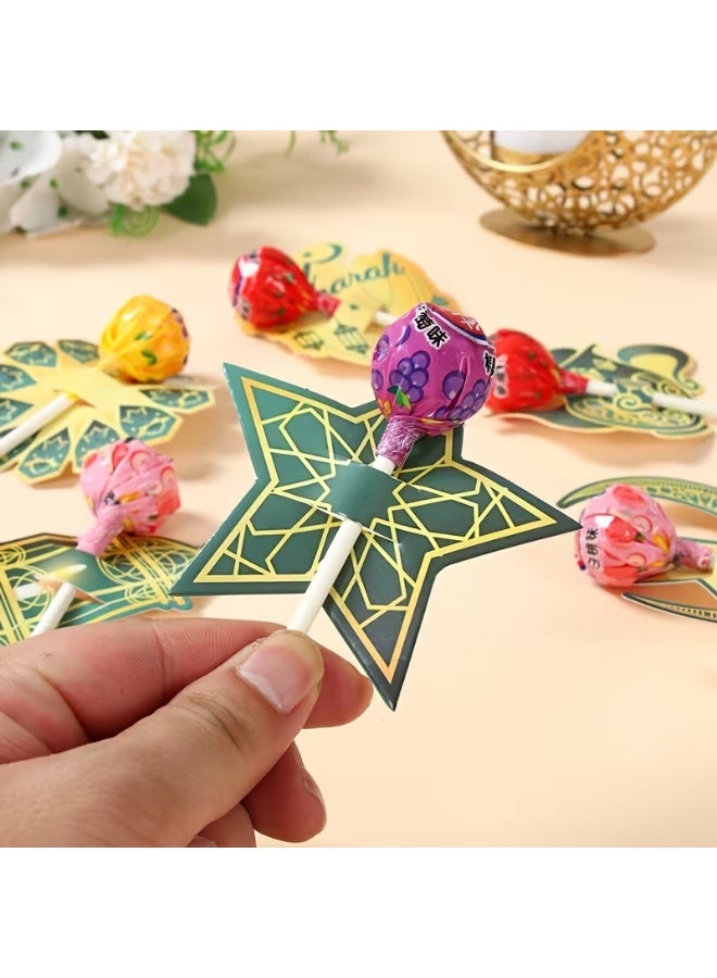 ٤٨ قطعة من بطاقات حامل المصاصات لعيد مبارك - أغطية حلوى ورقية بتصميم هلال ونجمة باللون الأبيض والأخضر والذهبي، مثالية لتوزيعات حفلات رمضان وعيد الفطر. - Image 4